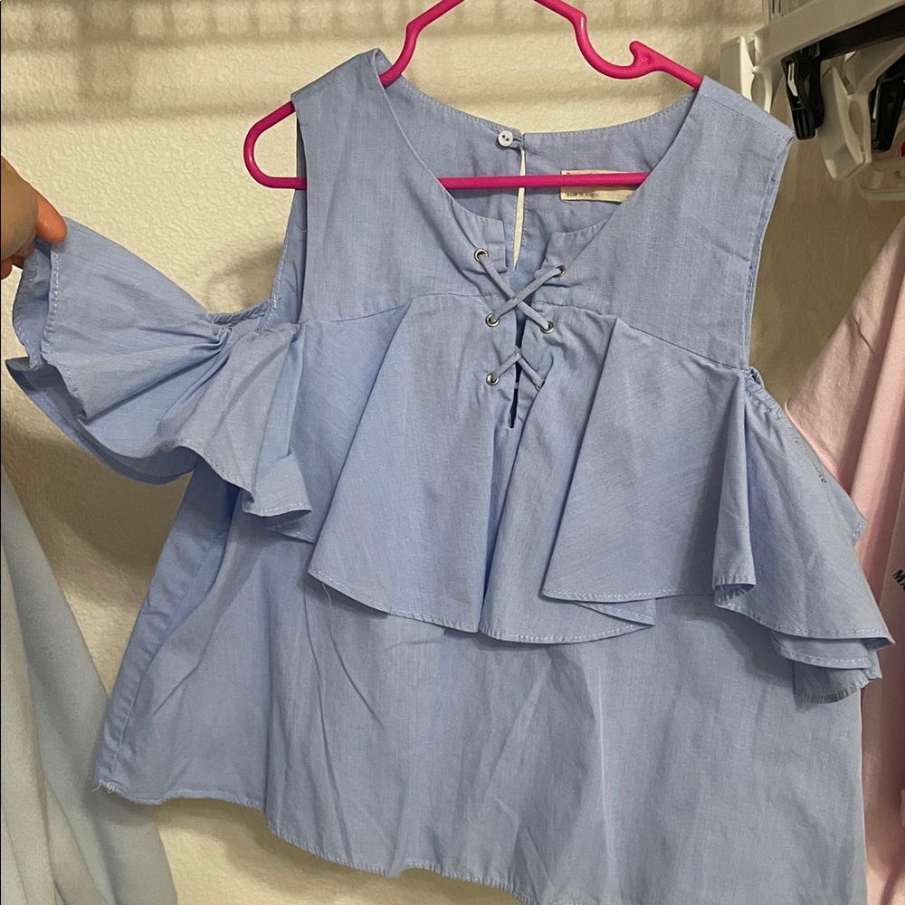 Zara Light Blue Cold-Shoulder Ruffle Top